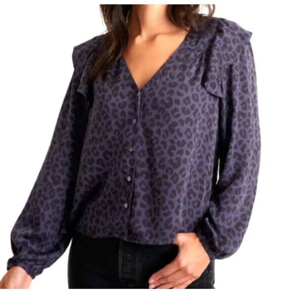 Marine Layer Tops - NWT Marine Layer Size Small Rory Long Sleeve Ruffle Blouse Cheetah Blue Purple